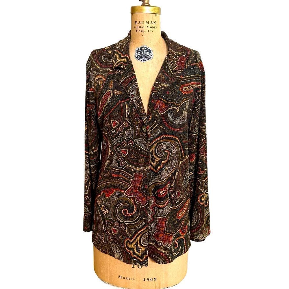 Vintage 90s Mirasol Brown, Orange and Gold Paisley unlined Jacket size Large